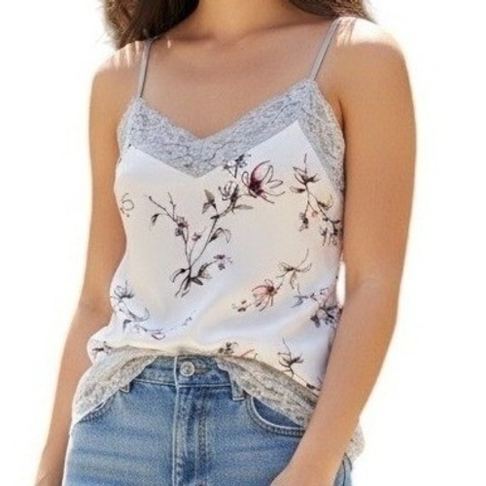 WHITE HOUSE BLACK MARKET White Floral Lace Trim Cami Tank Top EUC Size XS